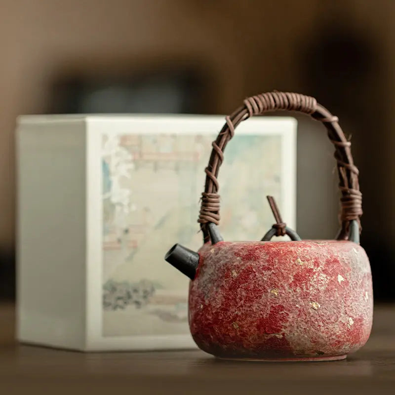 Handcrafted Mineral Clay Teapot with Woven Rattan Handle — Small Wabi-Sabi Pouring Pot My Store