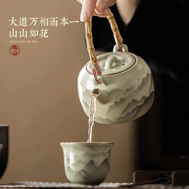 Ru Kiln “Mountains in Bloom” Bamboo-Handle Teapot My Store