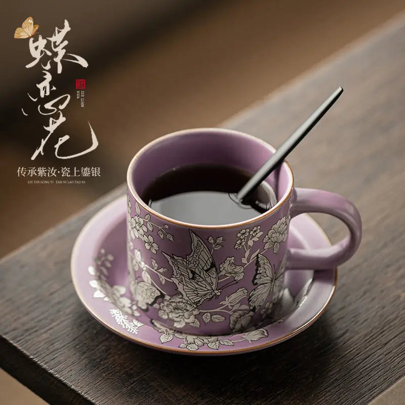 Purple Ru Kiln Silver-Inlaid “Butterfly & Blossom” Afternoon Tea Coffee Cup My Store