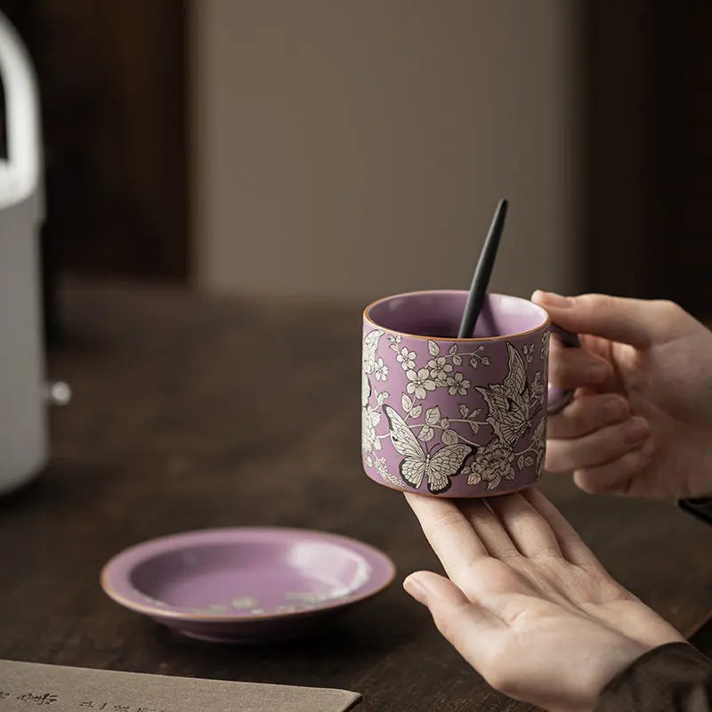 Purple Ru Kiln Silver-Inlaid “Butterfly & Blossom” Afternoon Tea Coffee Cup My Store