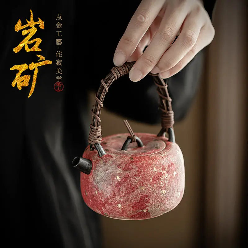 Handcrafted Mineral Clay Teapot with Woven Rattan Handle — Small Wabi-Sabi Pouring Pot My Store