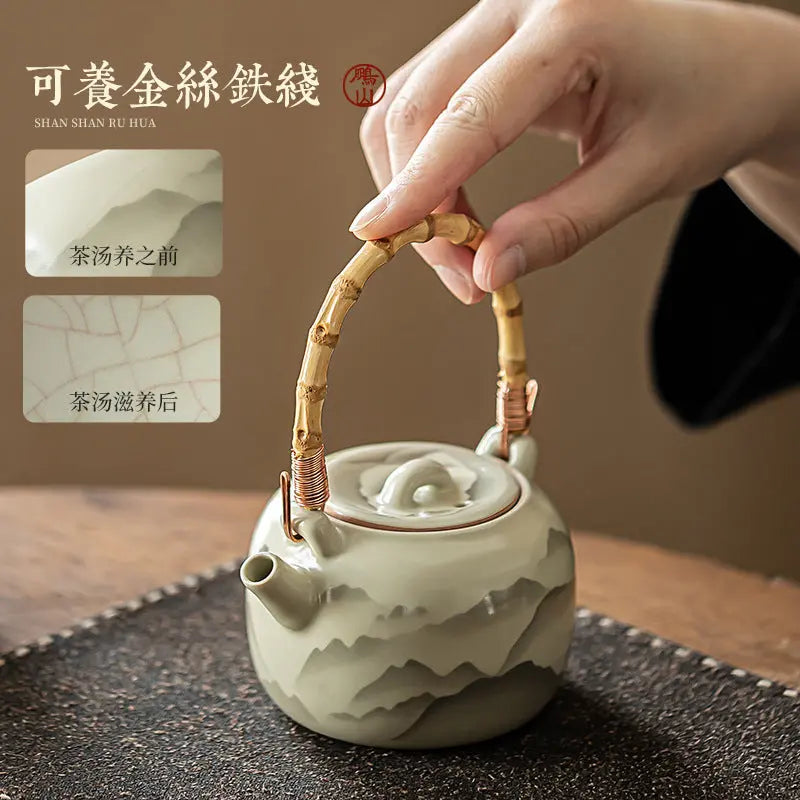 Ru Kiln “Mountains in Bloom” Bamboo-Handle Teapot My Store