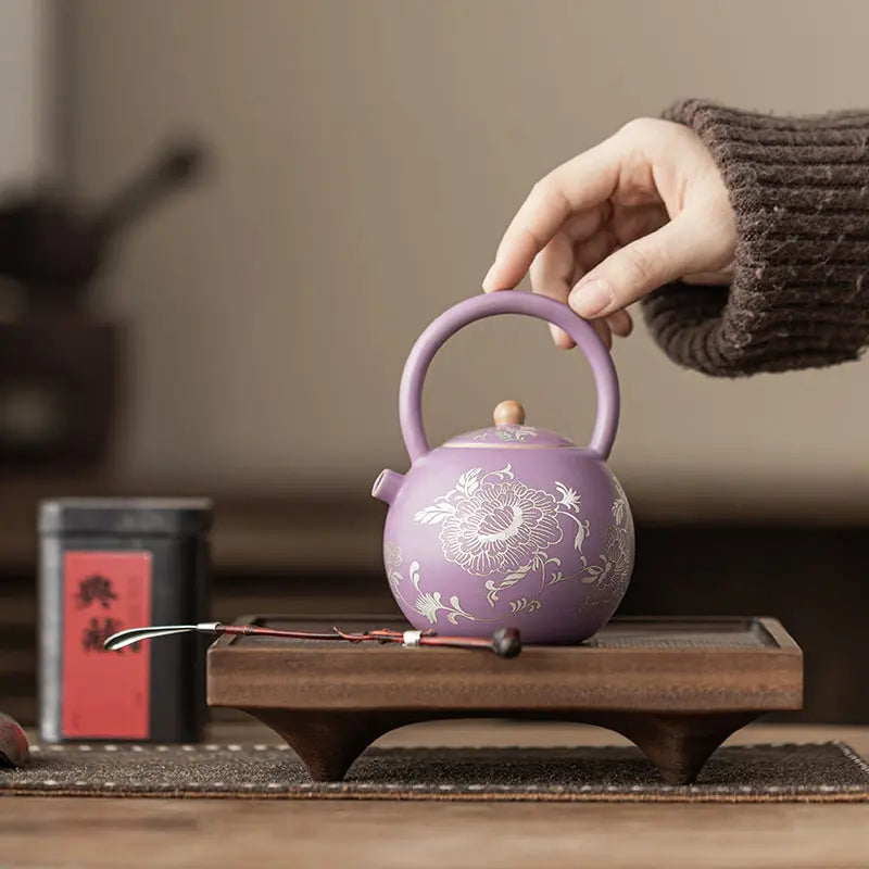 Ru Kiln Silver-Inlaid “Peony & Entwined Lotus” Harmony Teapot My Store