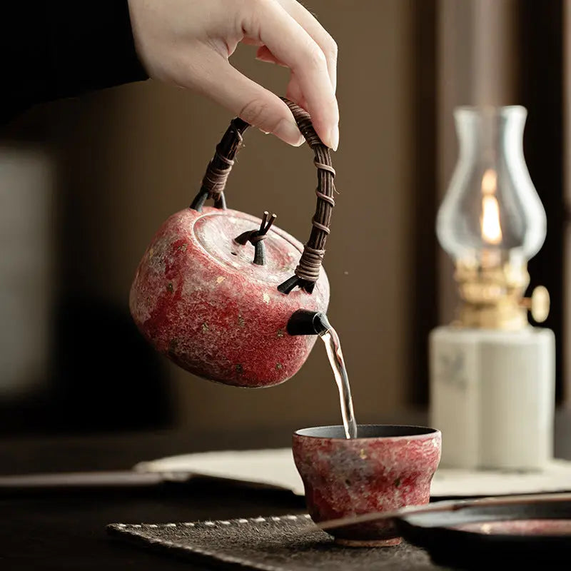 Handcrafted Mineral Clay Teapot with Woven Rattan Handle — Small Wabi-Sabi Pouring Pot My Store